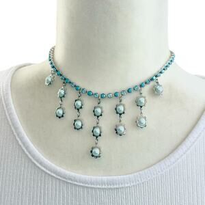 Vintage Y2K Blue Rhinestone Choker Necklace Floral Silver NOS